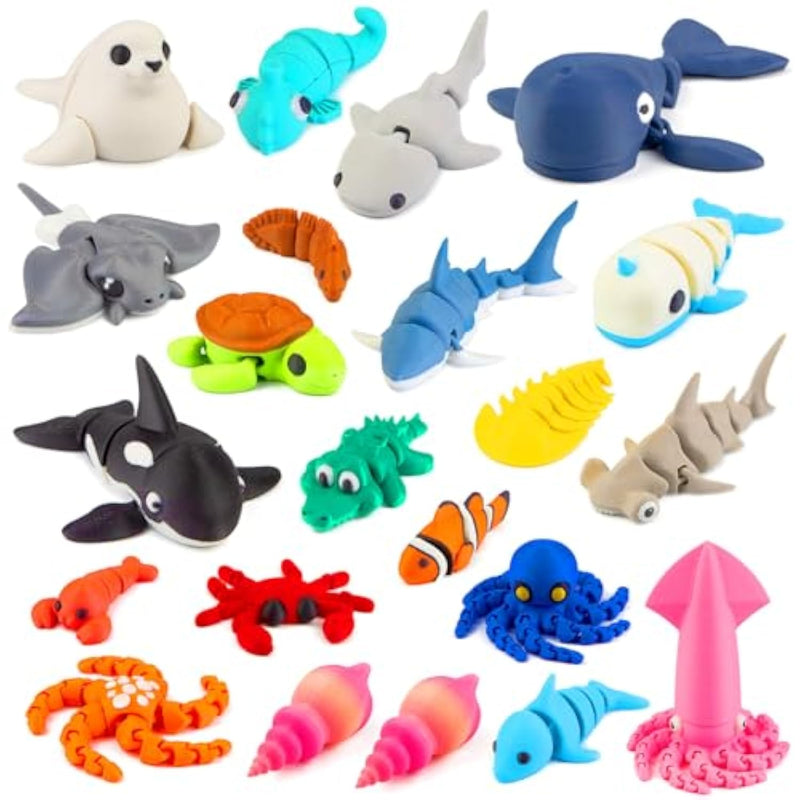 22Pcs 3D Printed Sea Animals Toys, 3D Printed Mini Ocean Animals Articulating Flexible Fidget Toys, Cute Animal Figurines Toys Birthday Office Desktop Home Decoration
