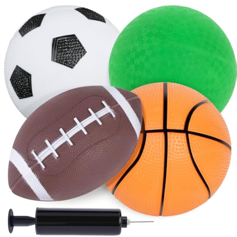 4-Pack Sports Balls For Toddlers & Kids, Playground Balls With Pump, 5-Inch Soccer Ball, Basketball, Kickballs, Stockings For Grandkids, Toys For 2+ Boy Indoor/Outdoor Play