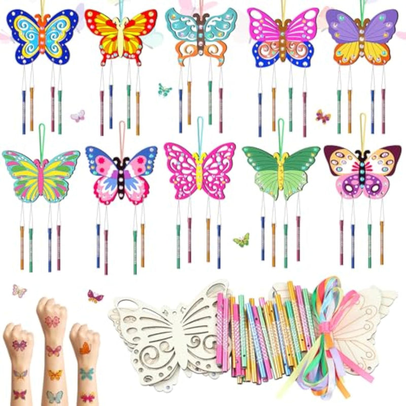 10 Pack Butterfly Wind Chime Craft Kit for Kids, DIY Wooden Coloring Ornaments