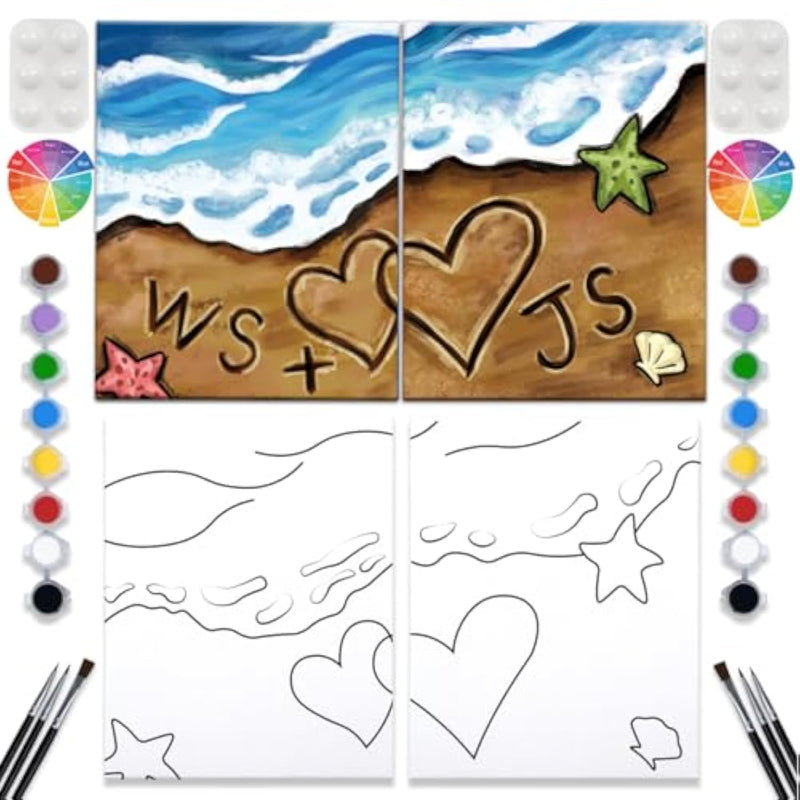2 Pack Paint And Sip Canvas Painting Kit Pre Drawn Canvas For Painting For Adults Stretched Canvas Couples Games Date Night Summer Beach Vows Anniversary Paint Party Supplies Favor 8X10