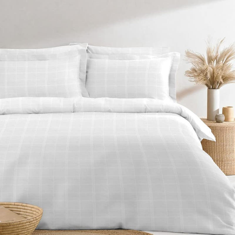 Dobby Striped Twin Duvet Cover Cotton White, 300 Thread Count 100% Long Staple