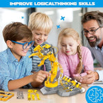 Smiesskiddo 3 In 1 Hydraulic Robot Arm - 220 Pcs Stem Building Toys With 4-Jaw Grab, Suction & Tongs For Kids 8-12 | No Batteries Needed Engineering Gift For Boys & Girls Ages 9 10 11 - Yellow