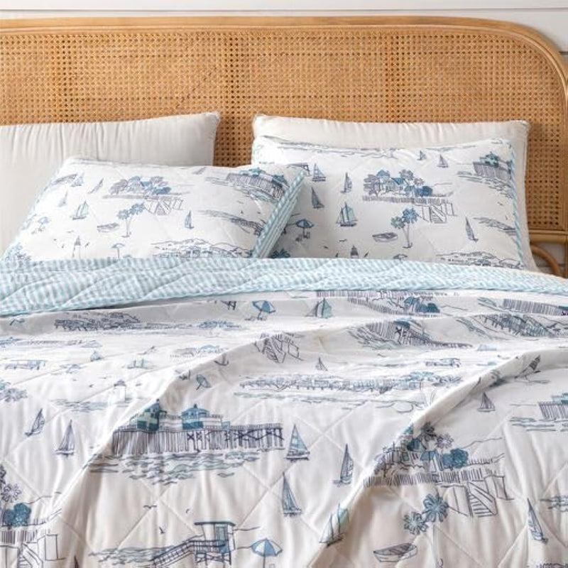 King Coastal Quilt Bedding Set, Summer Coastal Quilt With Shams, Beach 3-Piece