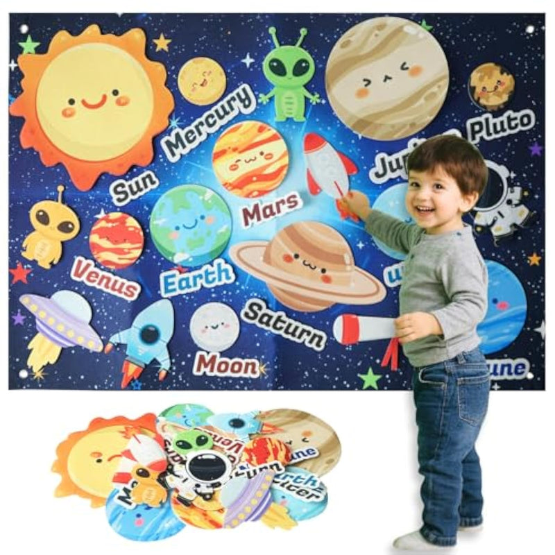 Toddler Solar System Felt Board Story Set, 33Ft Planet Flannel Board, Space Toys For 3-5 Year Olds, Montessori Educational Sensory Toys, Activity Board For Boys And Girls