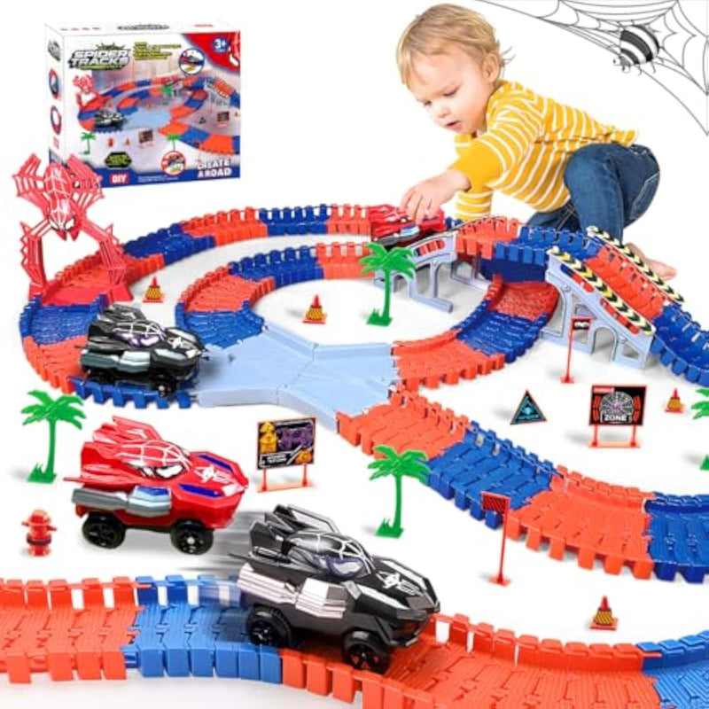 Spider Race Track For Boys 3-8, 212Pcs Race Car Track With 2 Spider Cars, Diy Flexible Track Playset, Toddler Toys Birthday Gifts For Kids