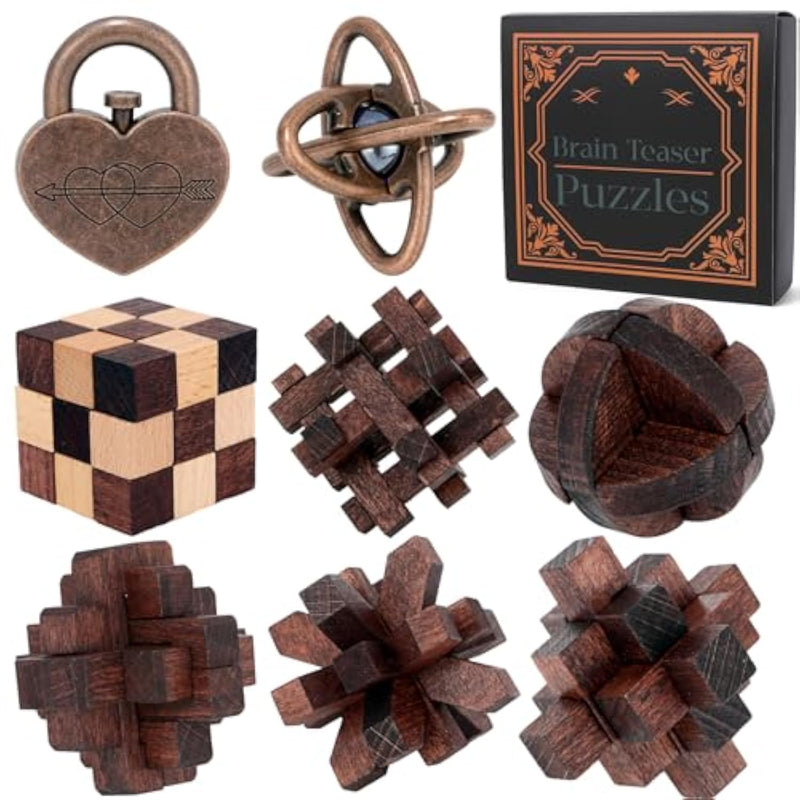 8 Pcs Brain Teaser Puzzles For Adults Teens - Metal Puzzles 3D Puzzle Game Toys For Adults Teens - Wooden Unlock Interlocking Puzzle Adult Iq Education Smart Toys