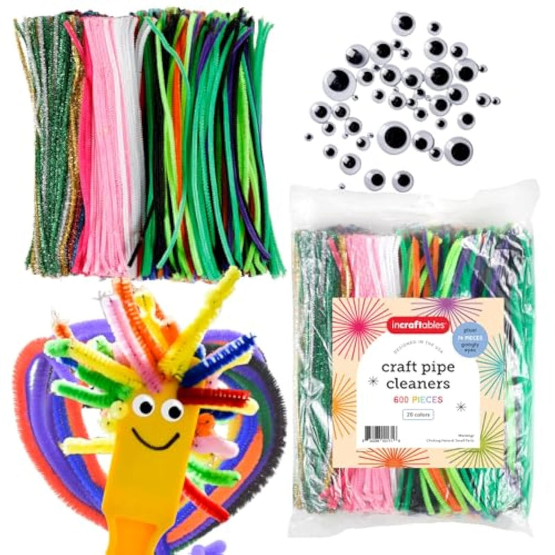 600 Pcs Pipe Cleaners Craft Set, 20 Colors with Googly Eyes
