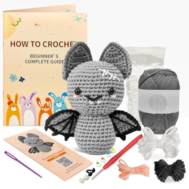 Beginner Bat Crochet Kit, DIY Halloween Yarn Craft Set with Needles & Instructions