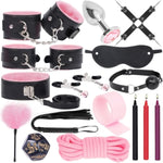 Bdsm Bondage Sex Toys Restraints - 16 Kit Gear For Ball Gag Sex Whip Cuffs Rope Collar Blindfold Leash Low Temperature Candles Dice Anal Plug (Pink)