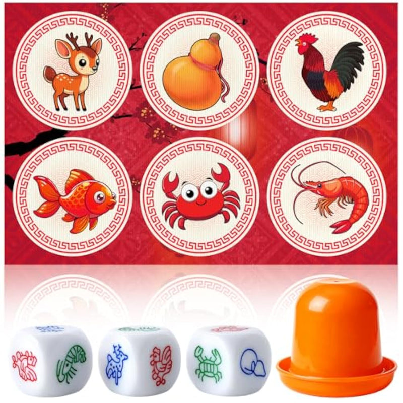 Bau Cua Ca Cop Game Set, Vietnamese Lunar New Year Dice Game With 15.7'' X 23.6'' Mat, 3 Gourd Fish Shrimp Crab Dice And Shaker Cup, Traditional Bau Cua For Party Gatherings And Celebrations
