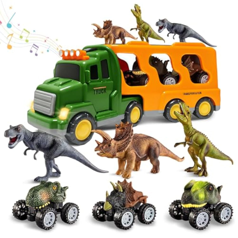 Dinosaur Toy Trucks With 3 Dino Cars & 3 Dino Figures, Sound Light Transport Carrier Truck Dinosaur Toys For Kids 3-5-7, Toddler Boy Toy For 3 4 5 6 7+ Year Old Boy Birthday Gifts Christmas