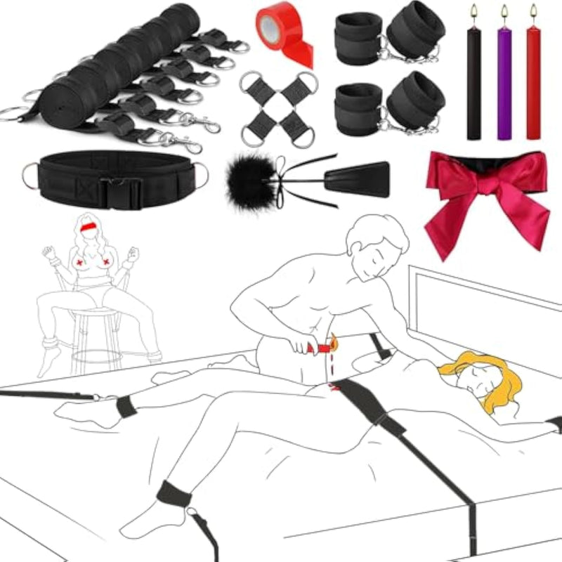 Bdsm Bondage Restraints Adult Toys, Adjustable Bed Restraints 14 Pcs Kit With Sex Straps, Bondage Cuffs, Blindfold, Cross Strap, Tickler, Feather & Candle, Bondage Gear & Accessories Couple Sex Toys