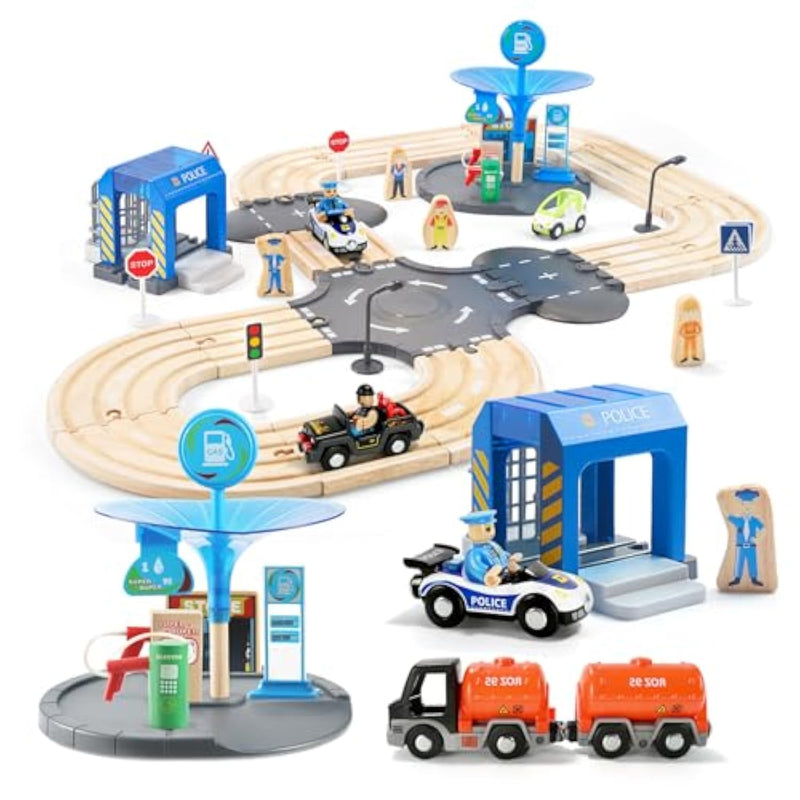 59 Pcs Wooden Train Set For Toddlers, Toy Train With Track For Kids Ages 3-6, Deluxy Double Track City Police Station Railway Playset Gifts For Boys And Girls Ages 3+