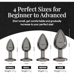Jewel Butt Plug Beginner 4 Piece Set - Extra Small, Small, Medium, Large - Wide Base Prevents Slippage - Metal Anal Sex Adult Toy For Men & Women - Gunmetal Silver & Pink - Circle Shaped Charm