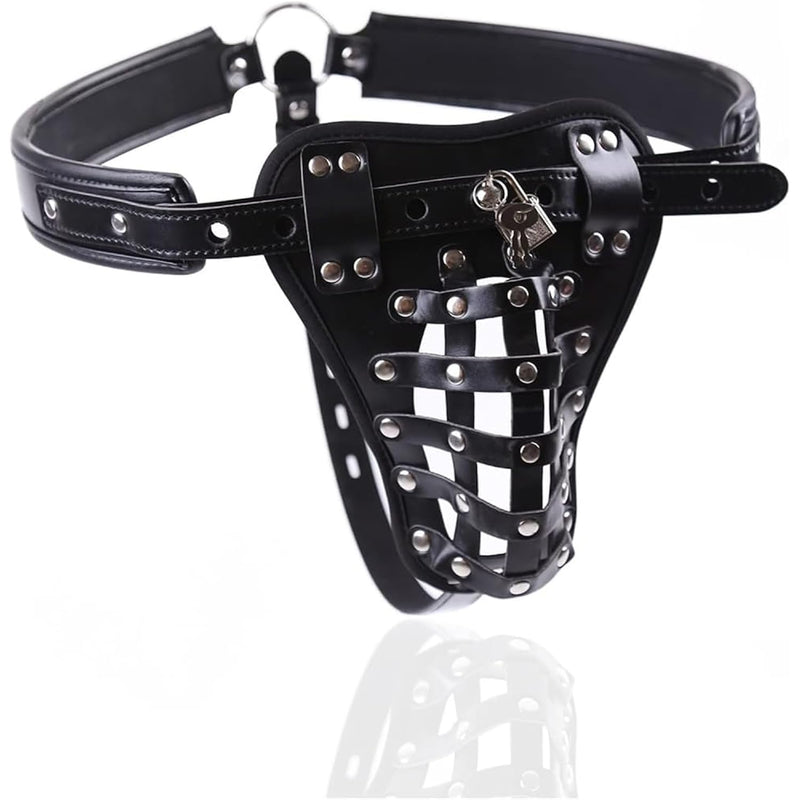 Men'S Bdsm Pu Leather Cock Cage Chastity Belt