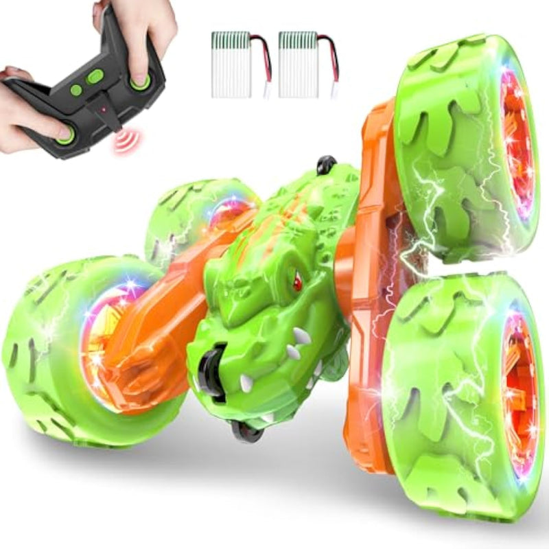 Remote Control Car Toy For Boys 3 4 5 6 7 8 Years Olds, Rechargeable Dinosaur Rc Cars,360° Flip Double Sided Rc Stunt Cars With Led Light,Dinosaur Toys For Kids Birthday Xmas Gifts,Green