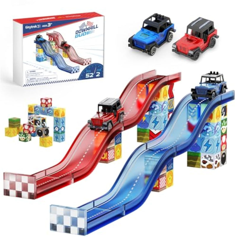 52 Pcs Magnetic Tiles Race Car Track Set With 2 Racing Trucks, Stem Educational Travel Magnetic Building Blocks For Kids Ages 3-8, Montessori Sensory Toys Gifts For Toddler, Boys & Girls