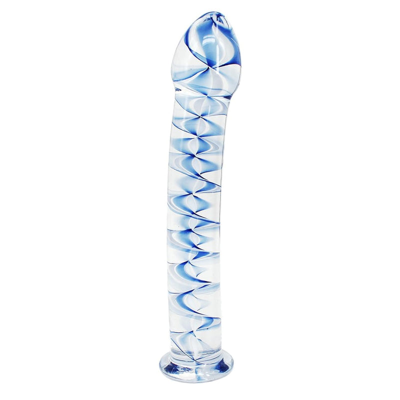 Elite 6.8 Inch Bent Pleasure Wand Glass Dildo, Clear With Blue Vein