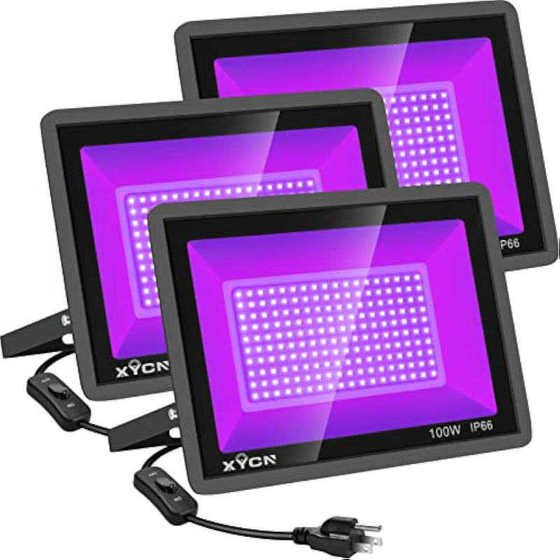 3 Pack 100W LED Black Lights, IP66 Waterproof UV Flood Lights with Plug & Switch