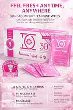Flushable Feminine Wipes for Sensitive Skin – pH Balanced, Fragrance-Free Intimate Wipes with Aloe Vera & Vitamin E, Individually Wrapped Travel Size (30 Count)