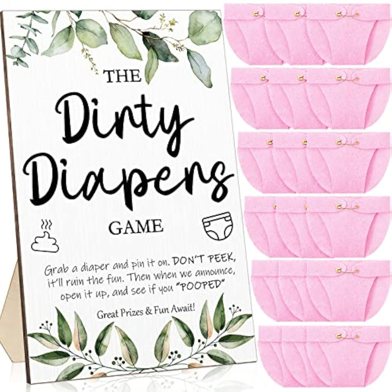 51 Pcs Dirty Diaper Baby Shower Games Funny Wooden Sign With 50 Pcs Mini Diapers Cute Felt For Gender Reveal Party Baby Shower(Greenery Pink)