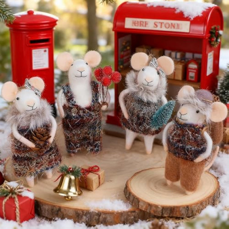 Set Of 4 Christmas Felt Mouse Ornaments, 5" Mini Mice With Brown Sweater For Christmas Tree Hanging, Wool Xmas Tabletop Decor, Animal Crafts For Holiday Easter Gifts Birthday Party Supply