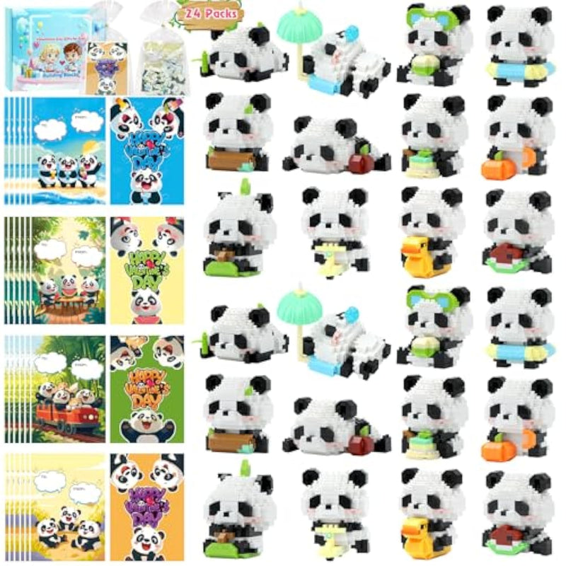 24 Pack Valentines Day Gifts For Kids Classroom, Mini Building Blocks, Building Toys Set Kids Valentines Day Cards For School, Party Favors Exchange 6+ (Panda)