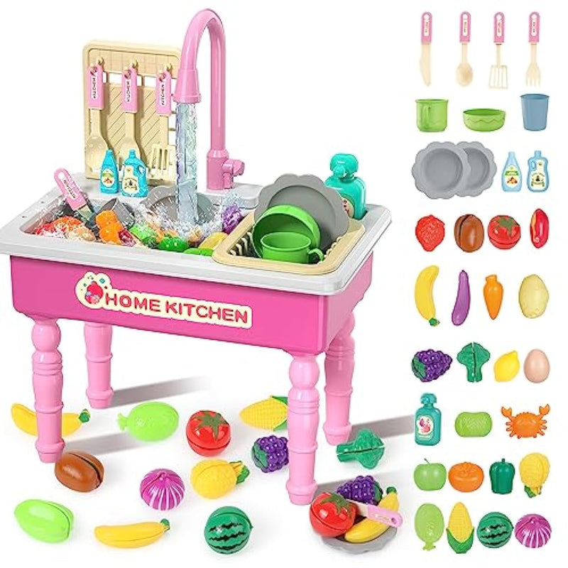 Kitchen Toy Sink Toys With Cutting Food,Electric Dishwasher Playing Toy With Running Water, Role Playing Game Pretend Food,44 Pcs Kitchen Accessories Set For 3 4 5 Years Old Girls Boys