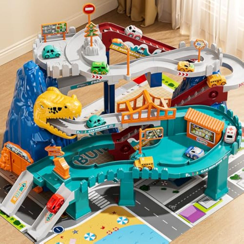 Dinosaur Race Track Playset For Boys Kids 3-5, Dinosaur Climbing Hills Car Track Play Set With 10 Mini Racer Cars, Kids Car Ramp Track Toys For 3 4 5 6 7 8 Year Old Boys Girls