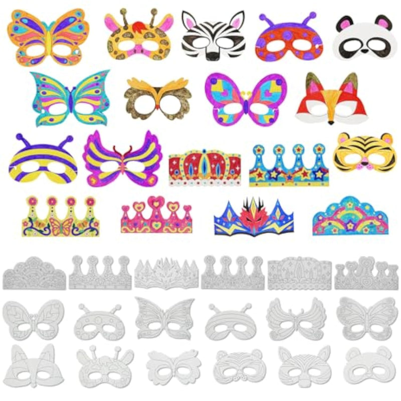 48 Pcs Color Your Own Paper Crowns & Masks, DIY Craft Activity for Kids