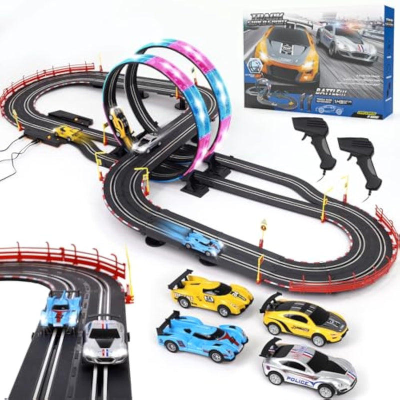 Slot Car Race Track Sets With 4 High-Speed Racing Car, 20Ft Electric Race Car Track For Boys And Kids, Dual Racing Game Lap Counter Circular Overpass Track,Toys Gifts For Adults Boys Ages 6 7 8-12