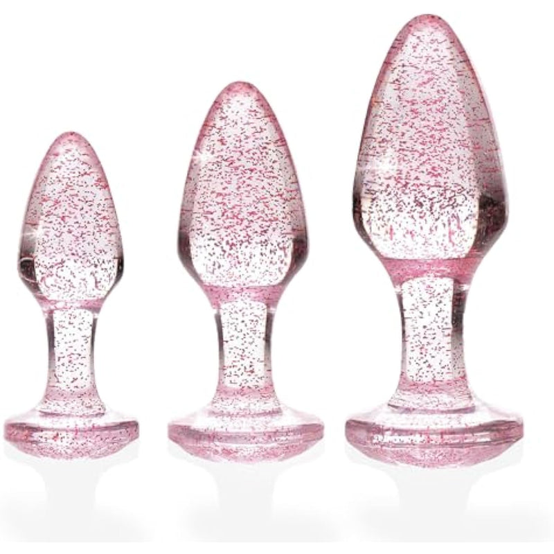 Glitter Gem Butt Plug Set, 3 Piece Acrylic Anal Trainer Kit, Small Medium Large Plugs For Beginners & Advanced, Lightweight With Sparkling Gem Base, Body Safe, Waterproof, Easy Clean, Pink