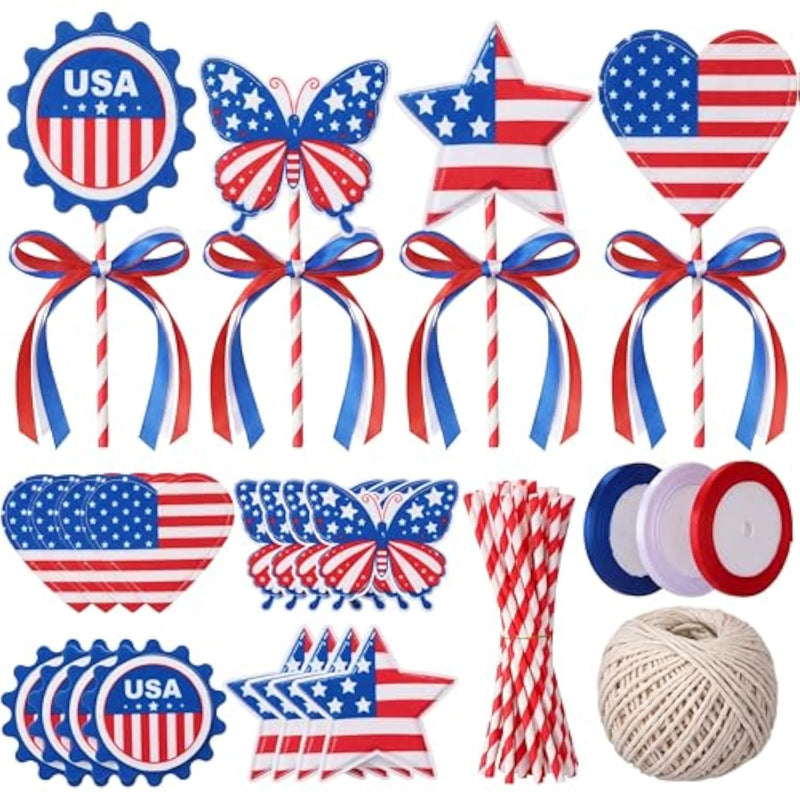 24 Sets 4th of July USA Flag Wand Craft Kit, Patriotic DIY Activity for Kids