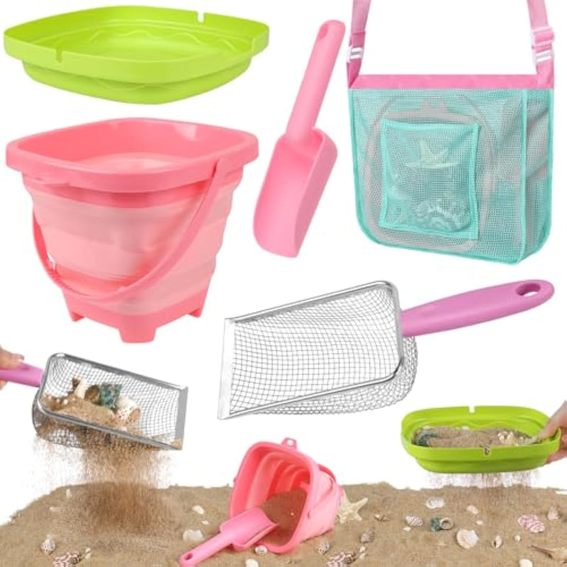 Beach Toys, Sand Toys With Collapsible Bucket, Sand Sifter, Beach Mesh Shovel, Shark Tooth Sifter And Mesh Bag For Shell Collecting, Sand Dipper Beach Scoop Toys For Kids Boys And Girls