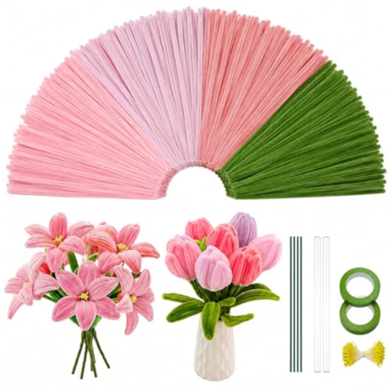 400PCS Pink Chenille Stems Craft Kit for DIY Flower Making Supplies