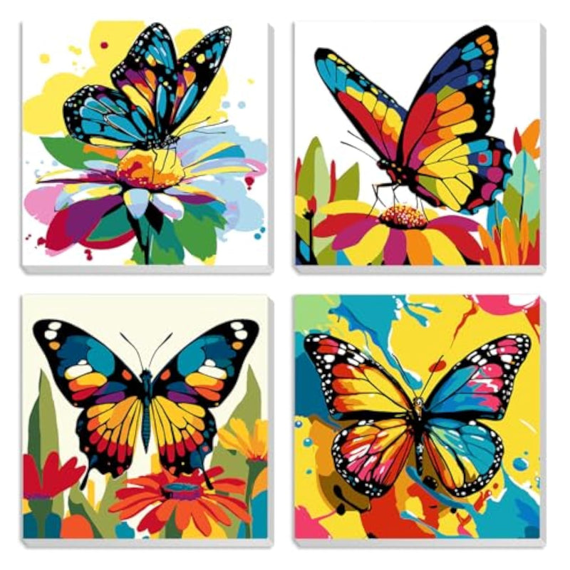 4 Pack Colorful Butterflies Framed Canvas Paint by Numbers Kit for Kids and Adults