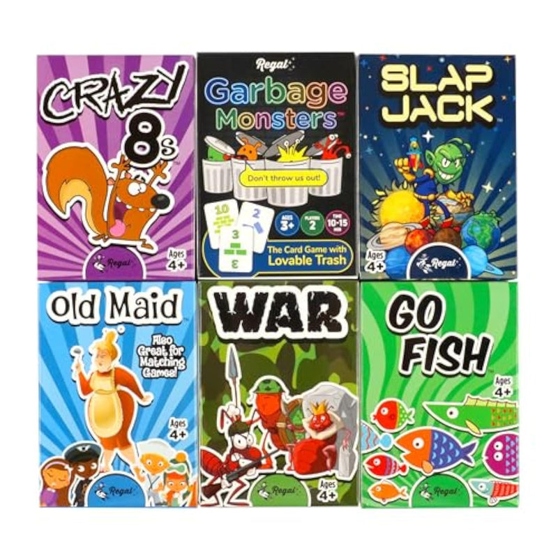 Card Games For Kids - Go Fish, Crazy 8'S, Old Maid, Slap Jack, Garbage Monster, War - Simple & Fun Classic Family Table Games - Games May Vary (6 Set)