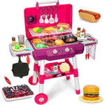 Kids Play Kitchen Toys, Kids Bbq Grill Playset With Smoke Sound Light, 2-Layer Barbecue Toy With Wheels, Outdoor Play Food Toys Cooking Set For Toddler 3-5, Birthday For Boy Girl (Pink)