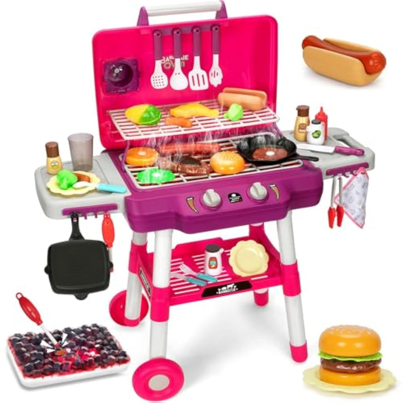 Kids Play Kitchen Toys, Kids Bbq Grill Playset With Smoke Sound Light, 2-Layer Barbecue Toy With Wheels, Outdoor Play Food Toys Cooking Set For Toddler 3-5, Birthday For Boy Girl (Pink)