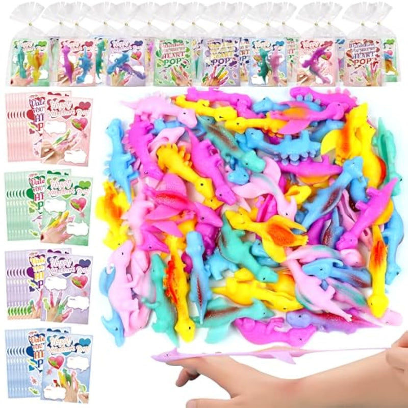 56 Pcs Valentines Day Gifts For Kids Slingshot Dinosaur Finger Toys, 28 Pack Valentines Day Cards For Kids School, Party Favors Return Gifts