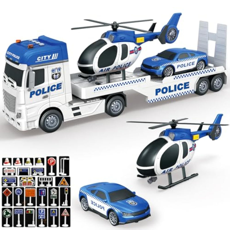 Police Truck Toy 25.6" Large Semi Truck With Racing Car And Helicopter, Kids Police Car Toys With Light & Sound, Play Vehicles Cars Toys Birthday Gift For Toddler Boys Age 3 4 5 6