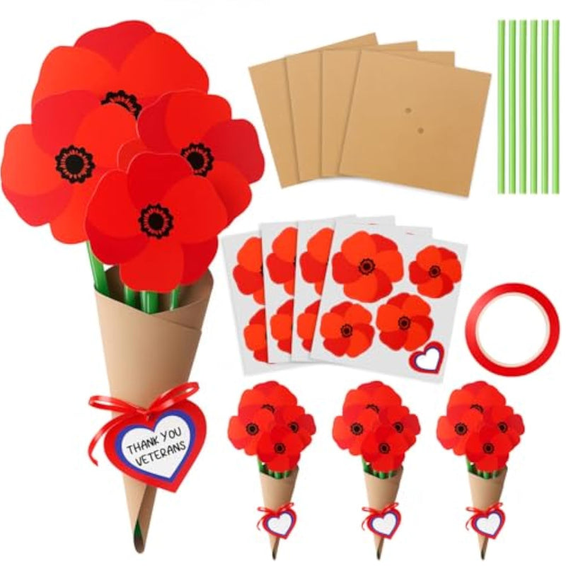 24 Pcs Patriotic Poppy Flower Craft Kit, DIY Paper Bouquet Making Set for Kids