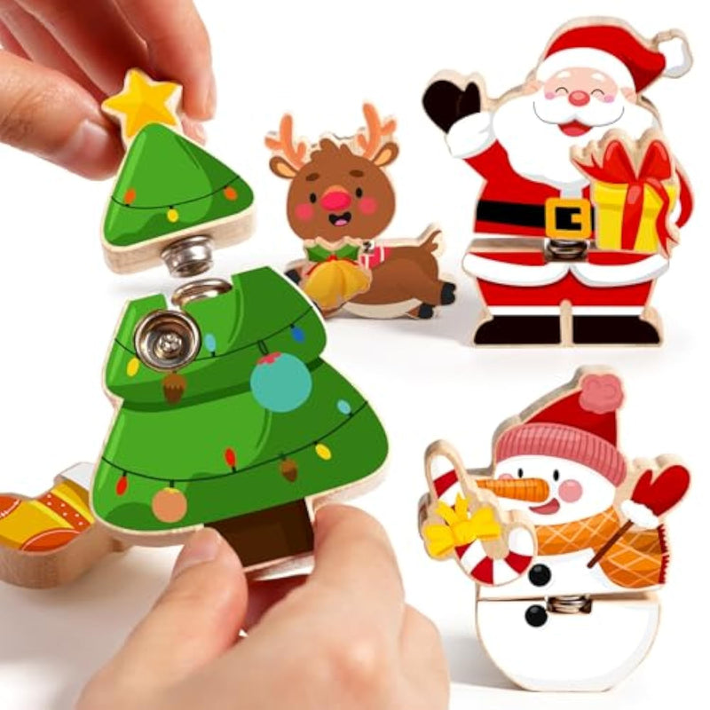 Wooden Snap Together Button Building Blocks For Kids 3-8, Easter And Animals 3D Puzzle Toys, Montessori Educational Stem Fine Motor Skills Learning Toys (Christmas Friends)