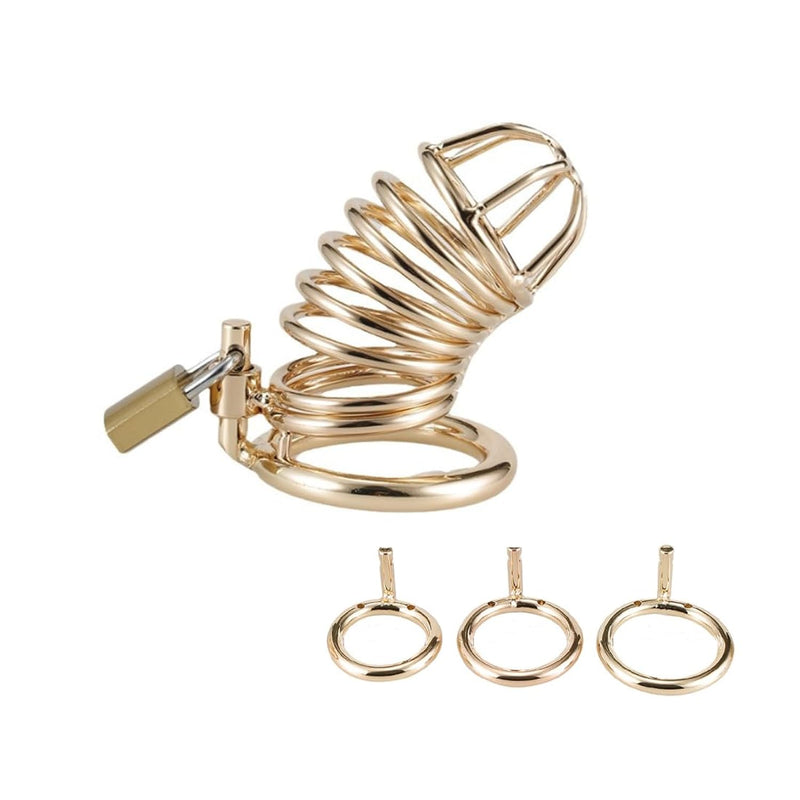 Chastity Cage For Men Steel Chastity Devices Cock Cage Male Chastity Belts Penis Cage Premium Metal Gold Locked Cage Sex Toy For Men (3 Rings), Lock And 2 Keys Included