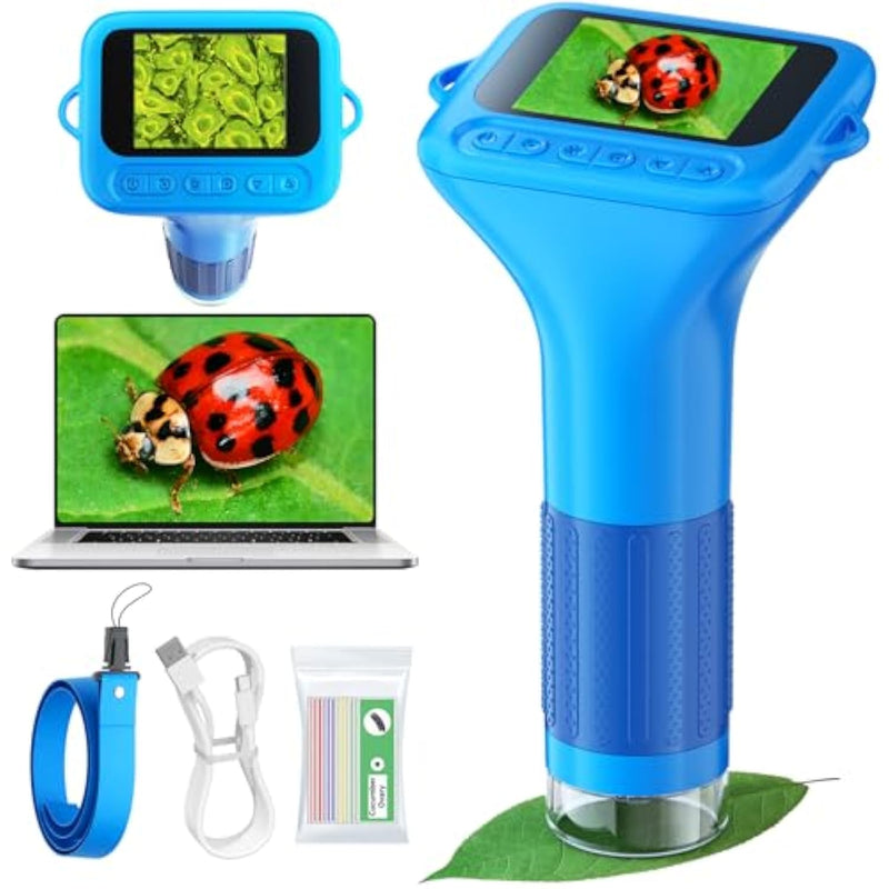 Microscope For Kids With 12 Slides, 100X-1000X 1080P Digital Handheld Kids Microscope, Mini Portable Pocket Miniscope Science Toys Gifts For 3+ 4 5 6 7 8 9 10 11 12 Year Old Boys Girls, Blue