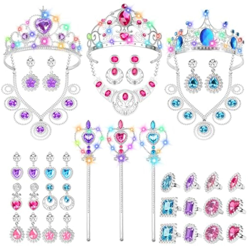 Princess Kids Jewelry For Girls Light Up Princess Crowns Wands, 40 Pcs Dress Up Accessories With Necklaces Rings Clip On Earrings For Girls Costumes Jewelry Toys Gift