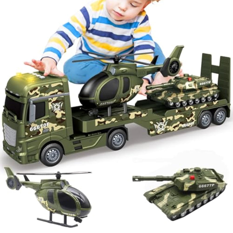 Big Green Military Truck Toy - 25.6’’ Large Semi Truck Toy With Helicopter And Tank - Army Toys With Sounds & Light, Friction Powered Cars Toys Birthday Gift For Kids Boys Girls 3 4 5 6 7 8