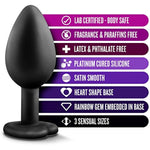 Luxe - Anal Bling Butt Plug Heart Shape Gem Sex Toy 3 Piece Training Kit Soft Satin Silicone - Black Rainbow Gem