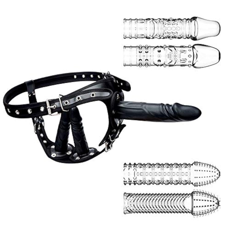 Strap-On Dildos With Harness Belt And 4 Reusable Penis Sleeves Cock Condoms For Intense Stimulation