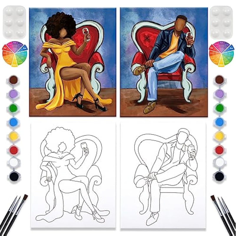 2 Pack Paint And Sip Canvas Painting Kit Pre Drawn Canvas For Painting For Adults Stretched Canvas Couples Games Date Night Afro Elegant Gentleman And Lady Couple Paint Party Supplies Favor